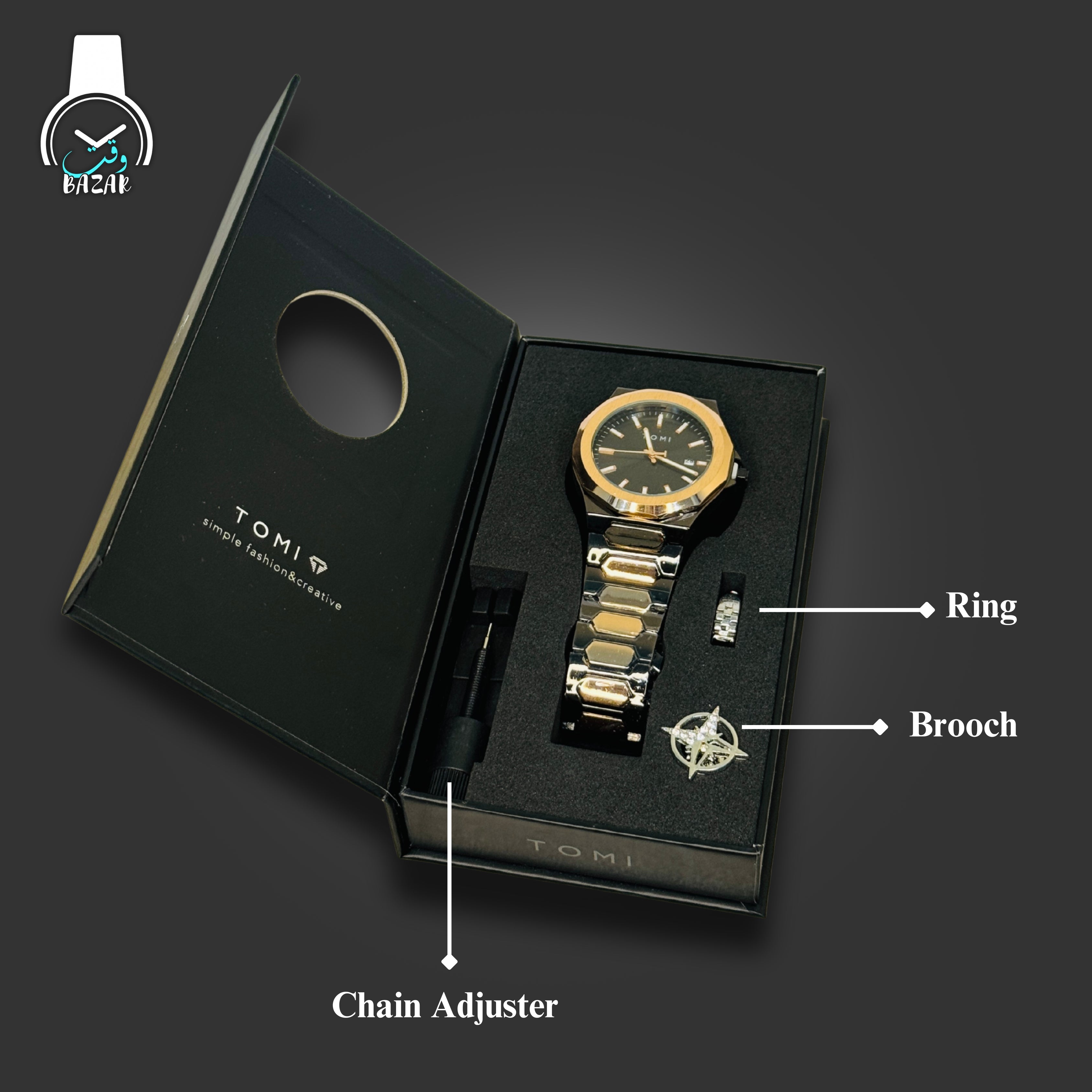 Tomi T-302 S3 golden watch – dial and bezel close-up