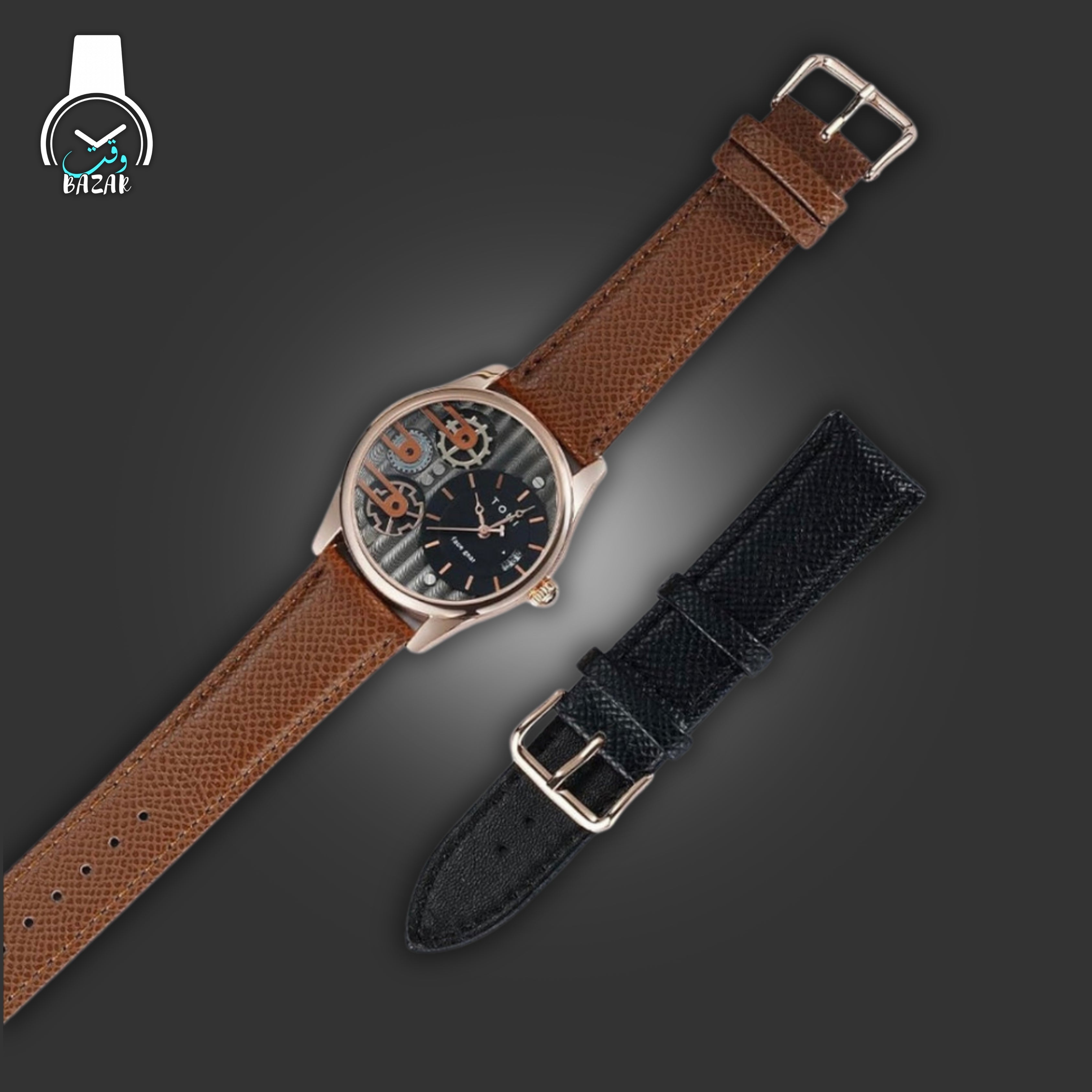TOMI T-106 face-gear dial close-up with textured bezel and markers