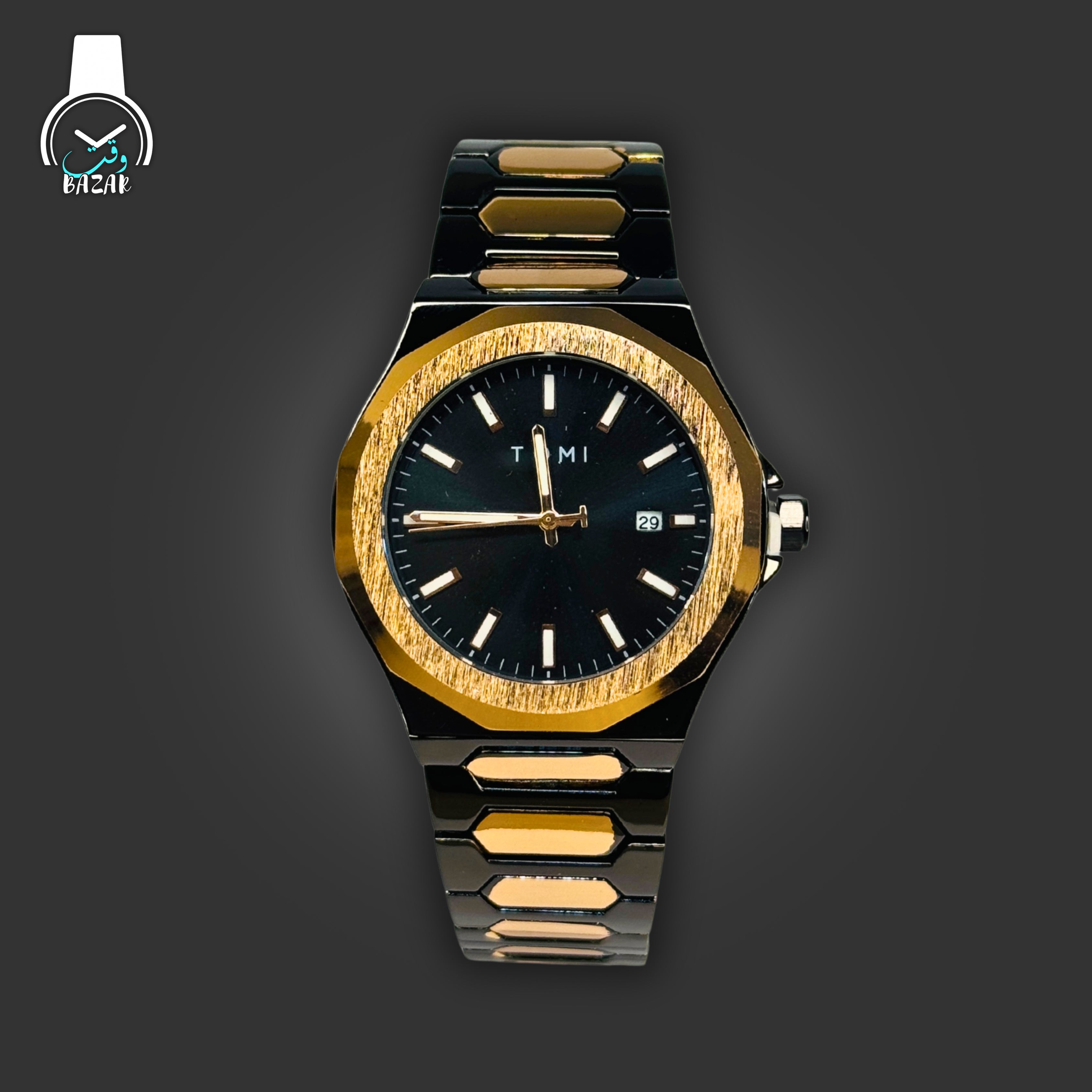 Tomi T-302 S3 golden watch gift set with ring, brooch, and chain adjuster – front view